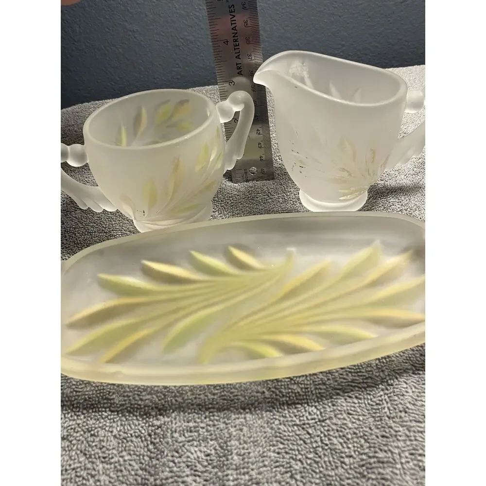 Vintage Indiana Glass Frosted Satin Leaf Creamer Sugar Bowl Tray MCM Set